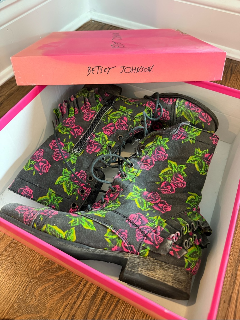 Betsey Johnson Black Lace-Up Ankle Boots with Pink Rose Print